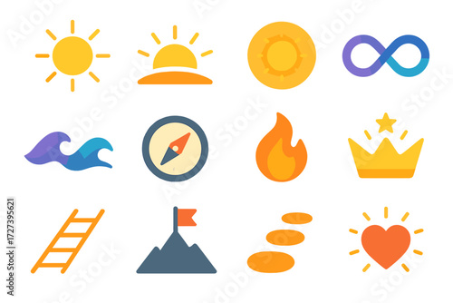 Radiant Symbolic Icons. Symbolic review prompt in modern flat vector : radiant sun, sunrise horizon, glowing aura, infinity loop, harmony wave,