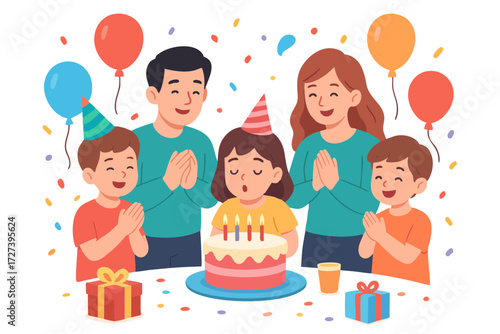 Happy family celebrating birthday with cake, candles, and colorful balloons.