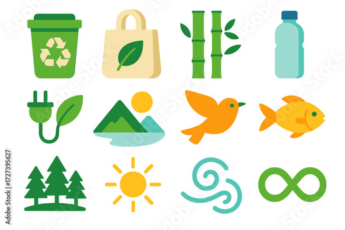 Eco-Friendly Icon Set. Eco-friendly practices in modern flat vector : recycling bin, reusable bag, bamboo, water bottle, green energy plug, mountain