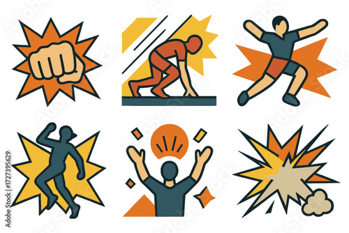 Bursting Action Icons. Situations set of icons in abstract flat : comic-style punch burst, racing start burst, sports action burst, dance move burst,