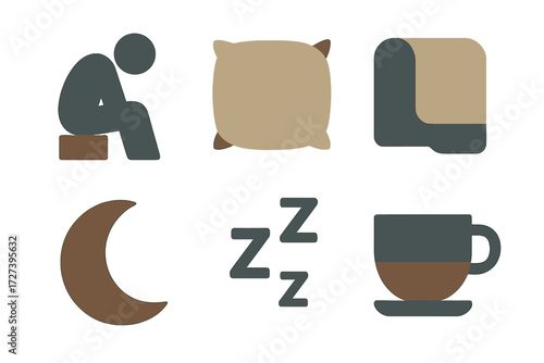 Sleepy Icons Collection. Low energy set of icons in abstract flat : sad slump, pillow, blanket, moon crescent, zzz symbol, coffee cup