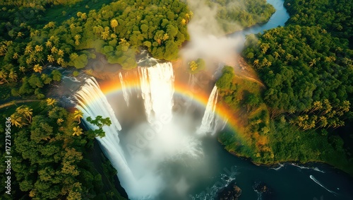 Aerial view of a majestic waterfall with a vibrant rainbow in the mist