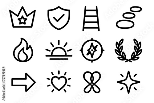 Symbolic Nod Icons. Symbolic silent nod icons in outline style: crown with star, protective shield, ladder steps, path stones, storytelling flame,
