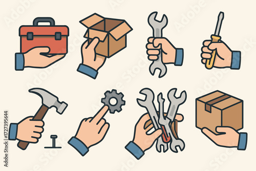 Hand Gestures Toolbox. Gestures set icons in modern isometric flat : hand holding toolbox, hand opening box, hand lifting wrench, hand adjusting