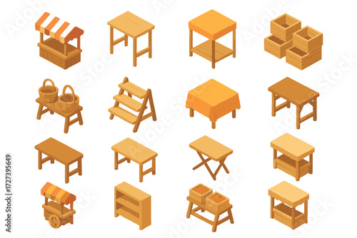 Isometric Stand Icons. Stand basics set icons in modern isometric flat : market stall, wooden stand, canopy stand, crate display, basket display,