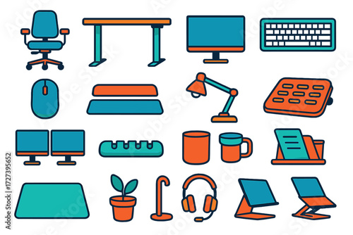 Modern Desk Icons. Desk essentials in modern flat vector : adjustable chair, sit-stand desk, monitor, keyboard, mouse, wrist rest, desk lamp, footrest