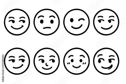 Playful Expression Icons. Expressions icons in outline style: sly smile, raised eyebrow, winking face, mischievous grin, smirking face, knowing look,
