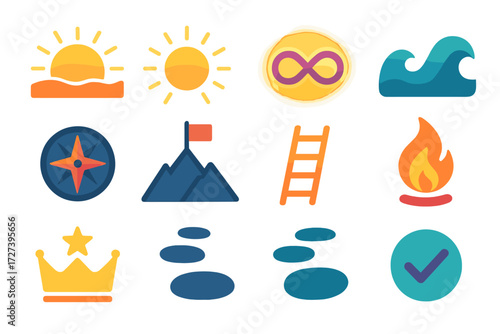 Symbols of Success. Symbolic profit zone in modern flat vector : sunrise horizon, radiant sun, glowing aura, infinity loop, harmony wave, guiding