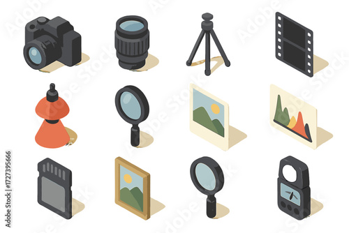 Photography Icon Set. Photography grain set icons in modern isometric flat : DSLR camera, lens, tripod, photo negative, darkroom lamp, magnifier,