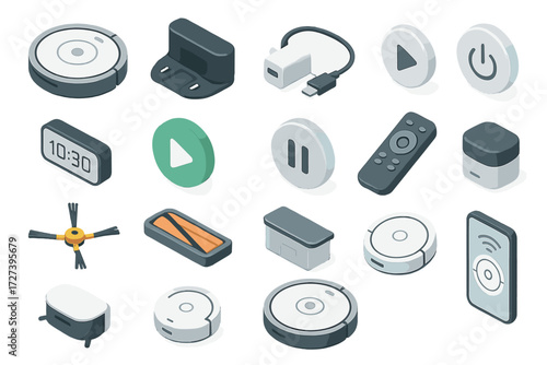 Robot Vacuum Icons. Device basics set icons in modern isometric flat : round robot vacuum, docking station, charging port, power button, digital