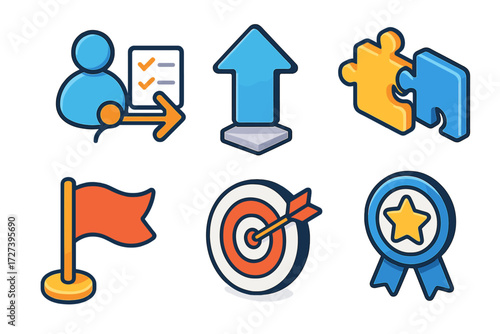 Workflow Icon Set. Workflow set icons in modern isometric flat : delegated task, upward arrow, puzzle pieces, flag, target, star badge