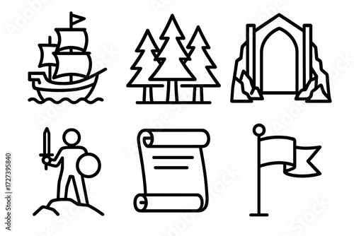 Epic Journey Icons. Epic journey icons in outline style: sailing ship, forest, giant gate, hero figure, scroll, banner flag
