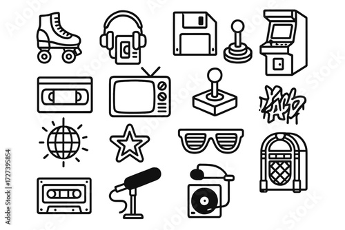 Retro Icon Collection. Retro vibes icons in outline style: roller skates, cassette player, floppy disk, arcade machine, VHS tape, CRT television,