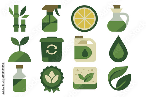 Eco-Friendly Icon Set. Eco-friendly fresh scent set of icons in abstract flat : bamboo, reusable spray bottle, lemon slice, vinegar jar, plant sprout
