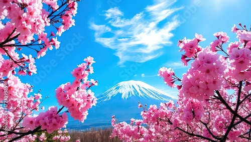 Pink cherry blossoms frame mount fuji against a blue sky with white clouds