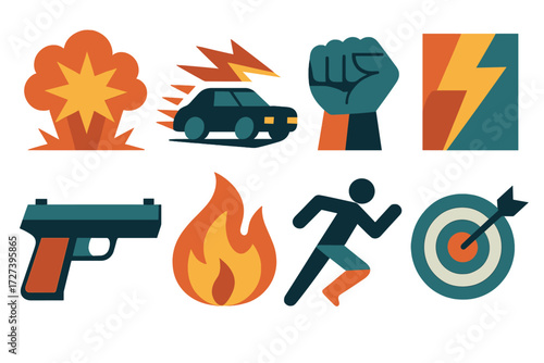Action Icon Set. Action genre set of icons in abstract flat : explosion, car chase, fist punch, lightning bolt, weapon icon, fire flame, running