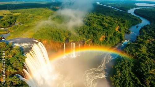 Scenic aerial view of a powerful waterfall with a vibrant rainbow arc