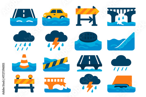 Flood Disaster Icons. Disaster basics in modern flat vector : flooded road, submerged car, blocked road, waterlogged street, highway under water, road