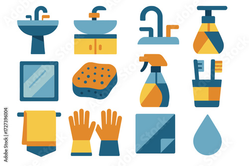 Bathroom Cleaning Icons. Bathroom sink cleaning set of icons in abstract flat : pedestal sink, vanity sink, bathroom faucet, hand soap dispenser,