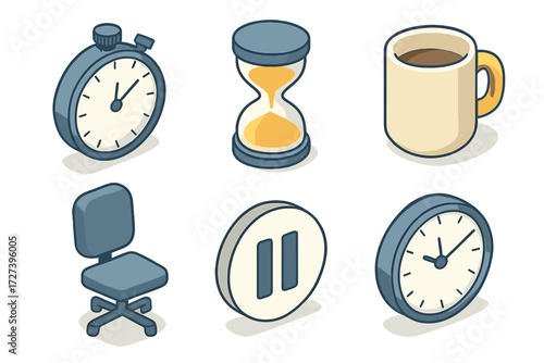 Isometric Work Icons. Work pause set icons in modern isometric flat : stopwatch, sand hourglass, coffee mug, chair, pause icon, clock