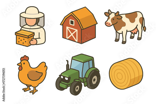 Farm Life Icons. Farm life set icons in modern isometric flat : beekeeper, barn, cow, chicken, tractor, hay bale