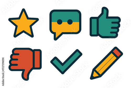 Colorful Feedback Icons. Feedback icons set of icons in abstract flat : rating stars, comment box, thumbs up, thumbs down, checkmark, pencil