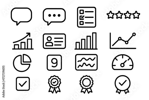 Feedback Tools Icons. Feedback tools icons in outline style: speech bubble, comment bubble, survey form, rating stars, poll icon, testimonial card,