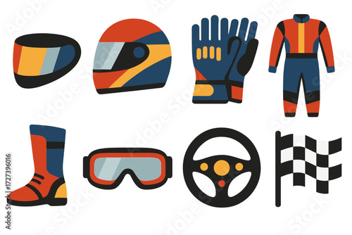 Racing Gear Icons. Racing gear set of icons in abstract flat : helmet visor, race helmet, gloves, racing suit, boots, goggles, steering wheel,