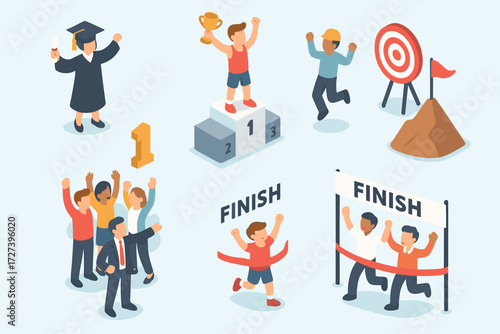 Achievement Icons Collection. Situations set icons in modern isometric flat : student graduating, athlete reaching podium, worker achieving goal, team