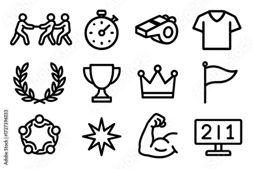 Minimalist Sports Icons. Sports pulling rope icons in outline style: team silhouettes, stopwatch, whistle, jersey, laurel wreath, trophy, crown,