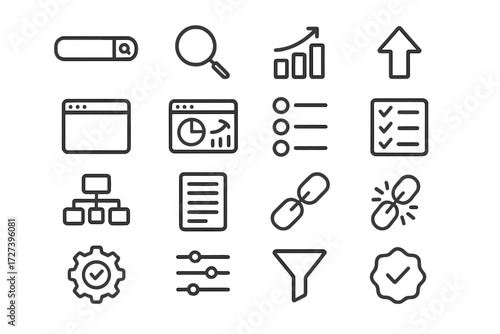 SEO Icons Overview. SEO context icons in outline style: search bar, magnifying glass, ranking chart, upward arrow, website window, analytics