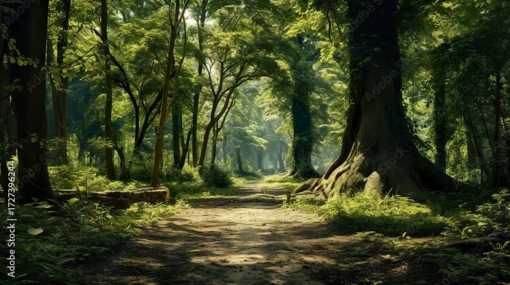 Naklejka premium A photo of a tranquil forest path with a canopy