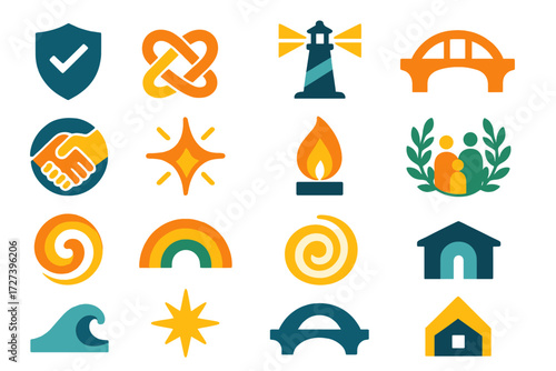 Reassurance Icon Set. Reassurance set of icons in abstract flat : shield check, promise knot, guiding light, bridge, handshake circle, positive spark
