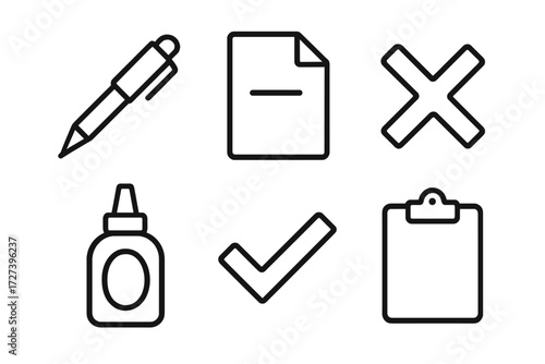 Editing Tools Icons. Editing tools icons in outline style: red pen, paper sheet, checkmark, cross mark, correction fluid, clipboard
