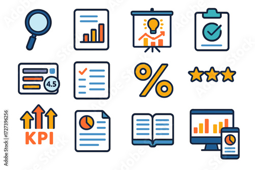 Modern Analytics Tools. Analytics tools in modern flat vector : magnifying glass, report sheet, insight board, checklist tick, scorecard, survey form,
