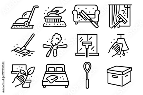 Home Cleaning Icons. Home cleaning dust removal icons in outline style: carpet cleaner, sofa brush, curtain vacuum, floor mop, ceiling fan duster,