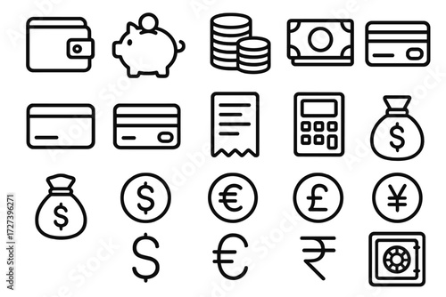 Financial Icons Set. Money basics icons in outline style: wallet, piggy bank, coin stack, paper bills, credit card, debit card, receipt, ATM machine,