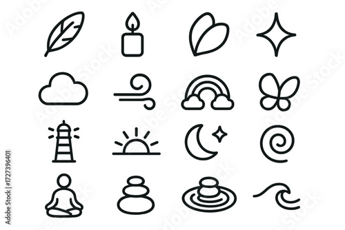 Gentle Reminder Icons. Gentle reminders icons in outline style: feather, candle flame, flower petal, soft spark, cloud, breeze swirl, rainbow,