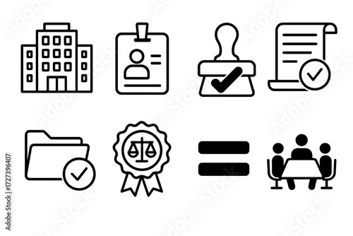 Corporate Ethics Icons. Corporate ethics set icons in outline style: office building, ID badge, approval stamp, policy scroll, compliance folder,