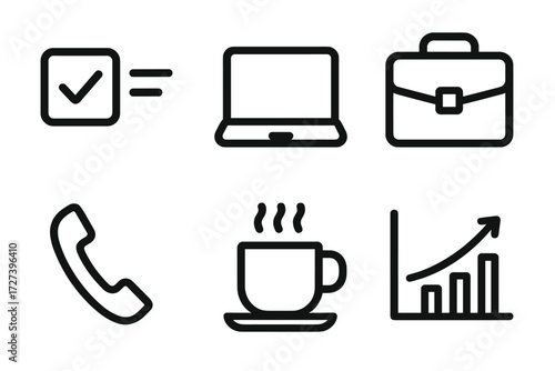 Office Tools Icons. Office tools icons in outline style: subtask, laptop, briefcase, phone, coffee cup, chart