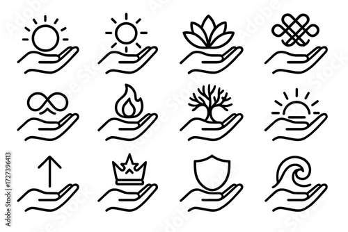 Symbolic Helping Hand Icons. Symbolic helping hand icons in outline style: glowing aura, radiant sun, lotus flower, harmony knot, infinity loop,