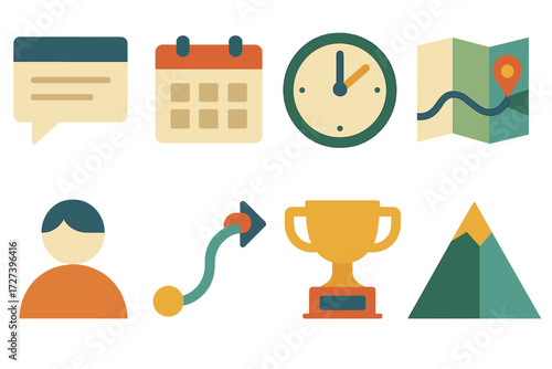 Abstract Story Icons. Story elements set of icons in abstract flat : narration box, calendar, clock, map, character icon, path arrow, trophy,