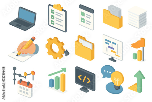 Isometric Productivity Icons. Work tracking set icons in modern isometric flat : laptop, checklist, task card, document stack, writing hand, gear