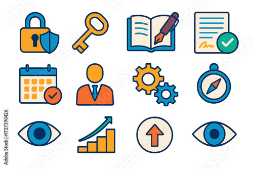 Trust Icons Collection. Trust and accountability in modern flat vector : lock with shield, key, open book, signature pen, contract paper, checkmark,