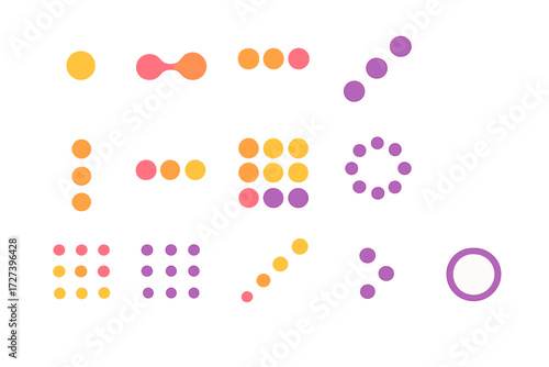 Vibrant Dot Patterns. Dot basics in modern flat vector : single dot, two connected dots, three connected dots, diagonal dots, vertical dots,