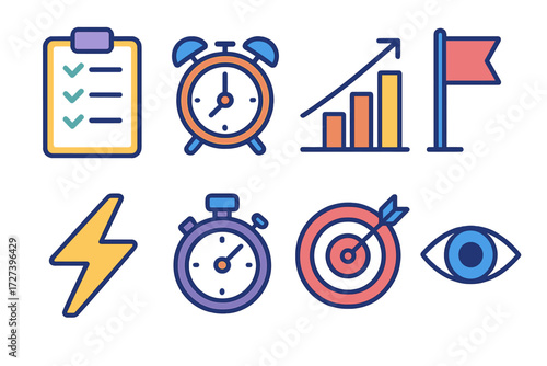 Vibrant Productivity Icons. Productivity stopwatch in modern flat vector : checklist paper, desk clock, rising chart, lightning bolt, milestone flag,