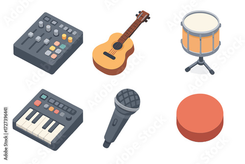 Music Set Icons. Music production set icons in modern isometric flat : mixing desk, guitar, drum, synthesizer, mic, record button