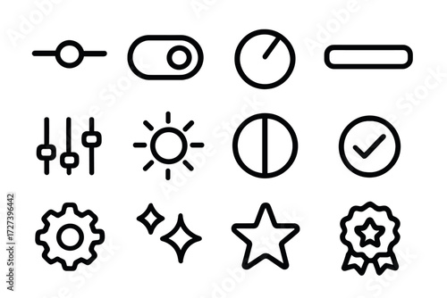 Icon Set Essentials. Basic slider bar icons in outline style: slider bar, toggle switch, volume knob, progress bar, equalizer bar, brightness sun,