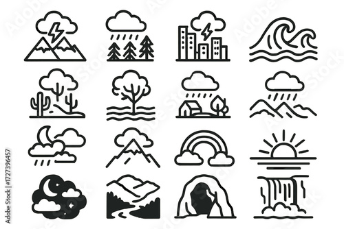 Nature's Stormy Icons. Natural scenes icons in outline style: mountain storm, forest rain, city skyline with storm, ocean waves, desert storm,