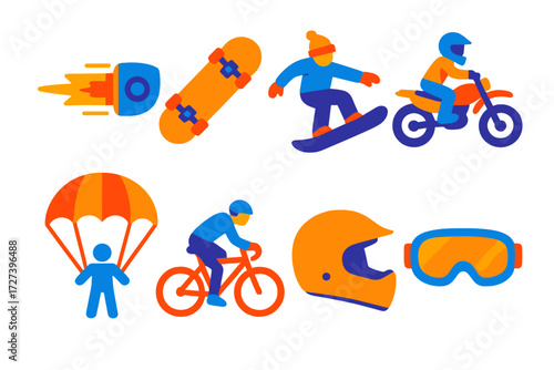 Extreme Sports Icons. Extreme sports in modern flat vector : turbo boost, skateboard, snowboard, motorbike, parachute, bicycle, helmet, goggles.